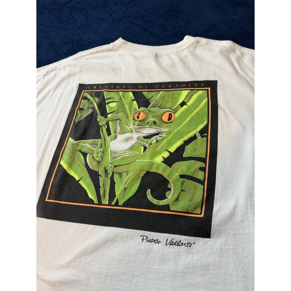 Vtg 90s Puerto Vallarta Frog T-Shirt XL Fits L White Cotton M&O Made In Mexico